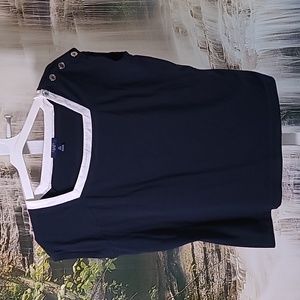 Chaps Womens 2X Classy Nautical navy blue white trim short sleeve casual top